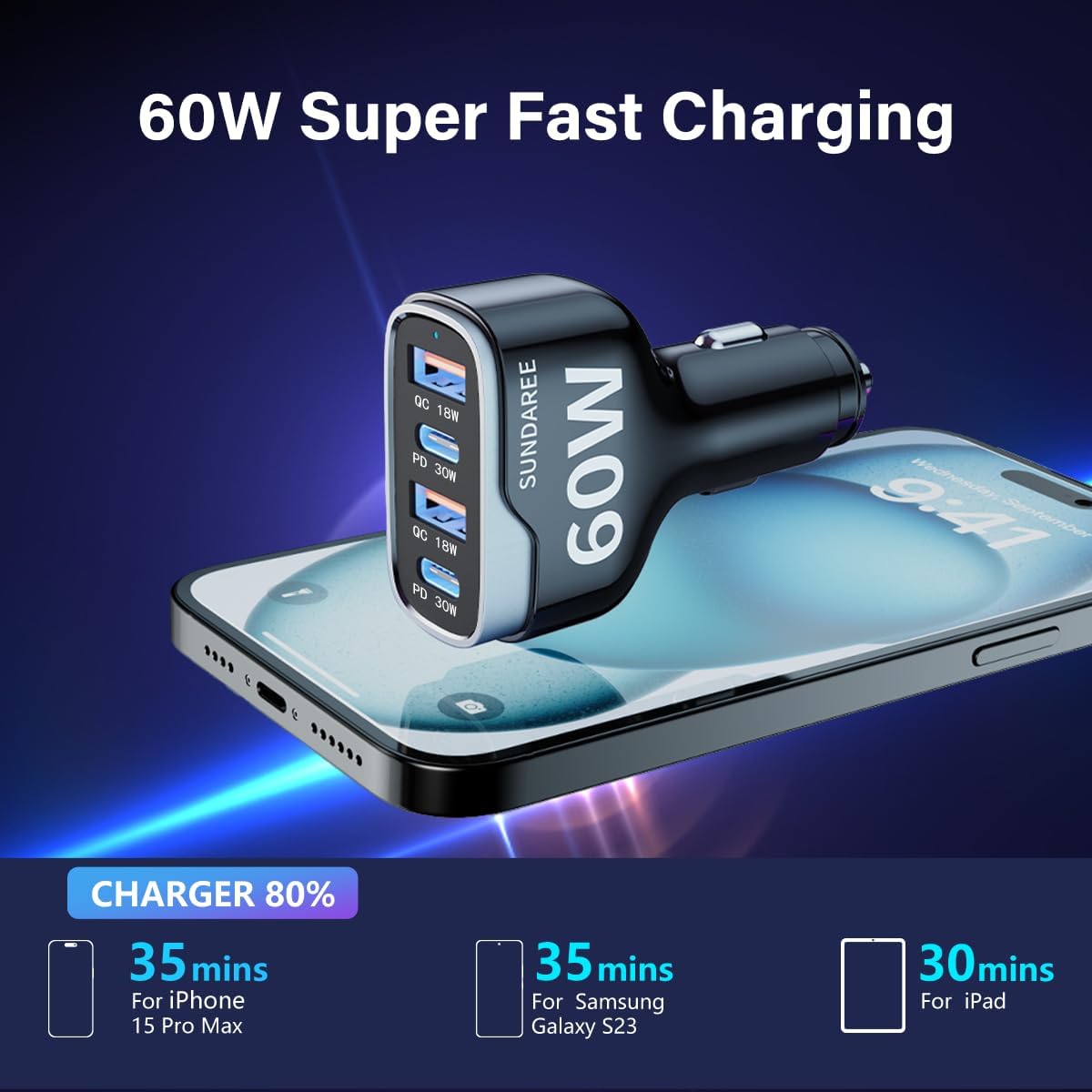 Car Phone Charger, SUNDAREE 60W 4 Ports USB c Car Charger Fast Charging Cigarette Lighter Adapter, Dual QC 3.0 18W & PD 30W Charger Compatible with iPhone 14 13 12 11 Pro, Samsung