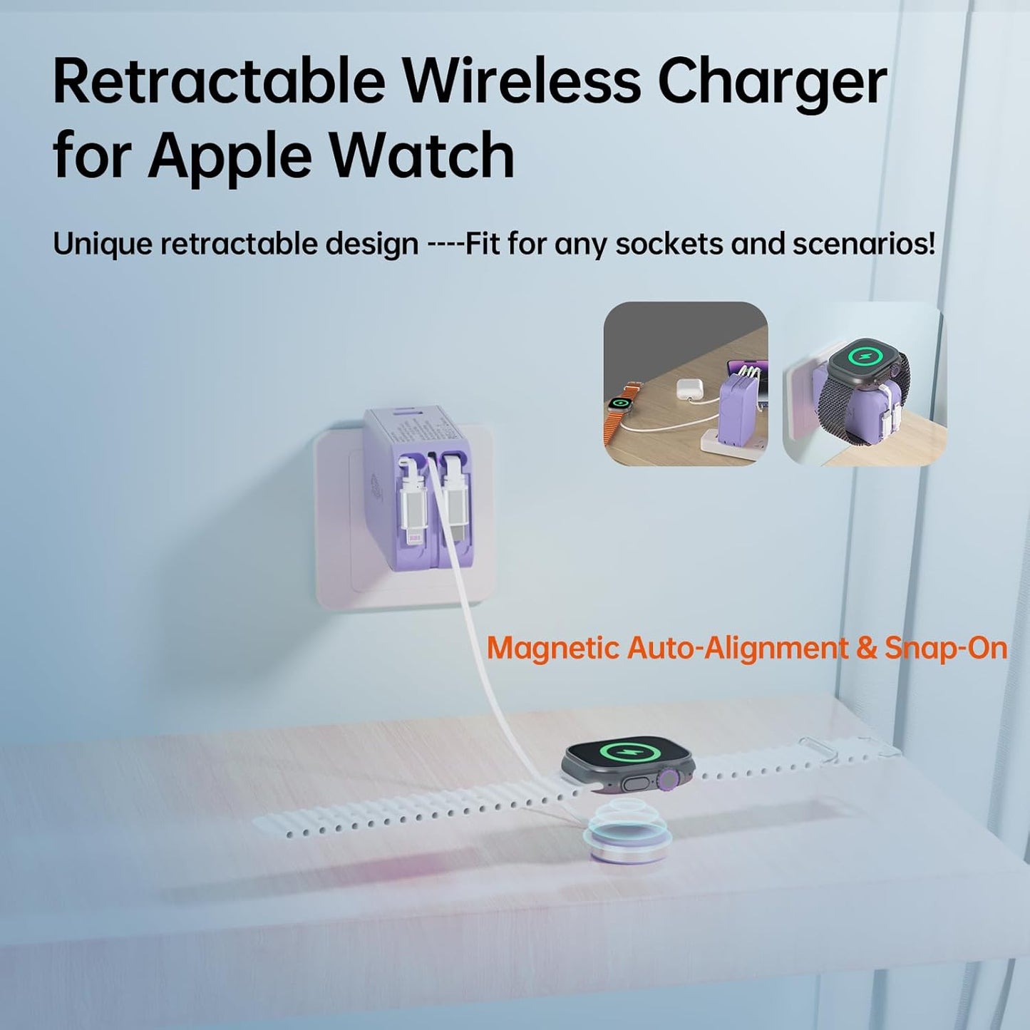 Retractable Apple Watch Charger, 5 in 1 Travel Charging Station for Apple Devices, Retractable Chargers for Multiple Devices with Multi Charging Cable, Charger Block for Apple Gear (Purple)