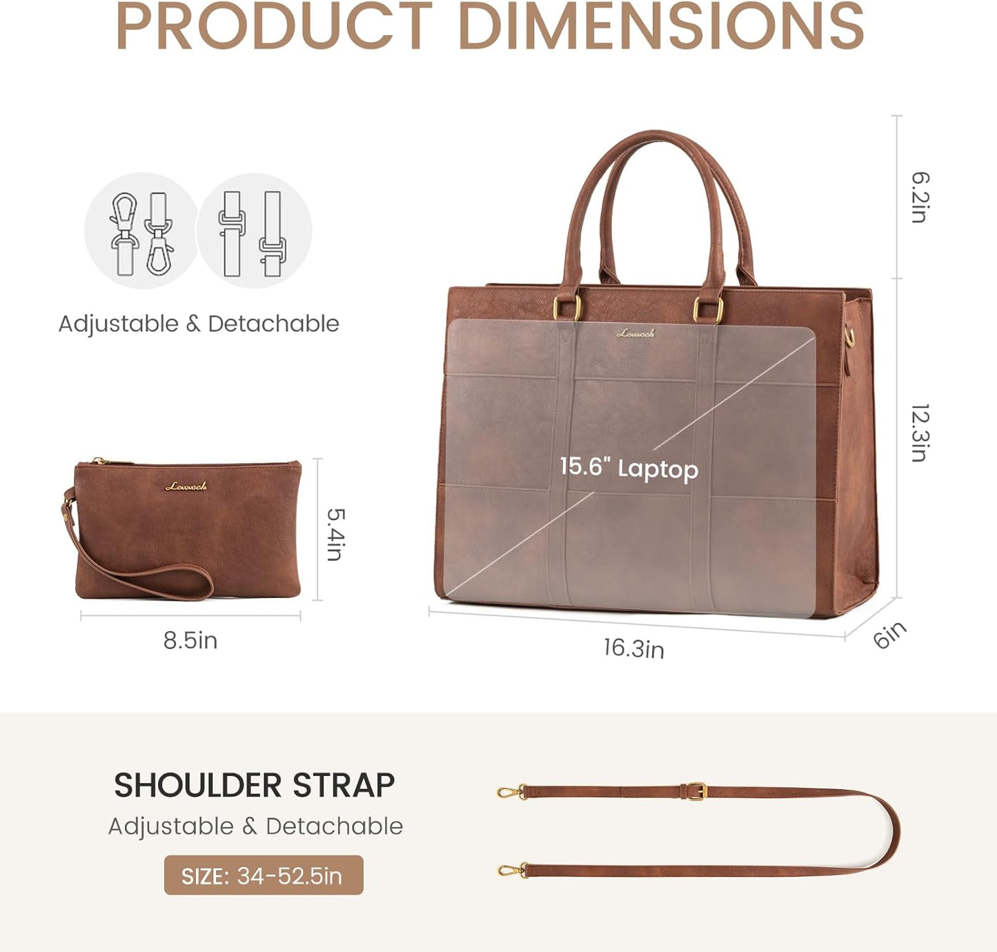 LOVEVOOK Laptop Bag for Women, 15.6 Inch Laptop Tote Bag, Vintage Leather Work Bags for Women, Waterproof Computer bag with Clutch Purse, Large Capacity Briefcase, Business Office Bag