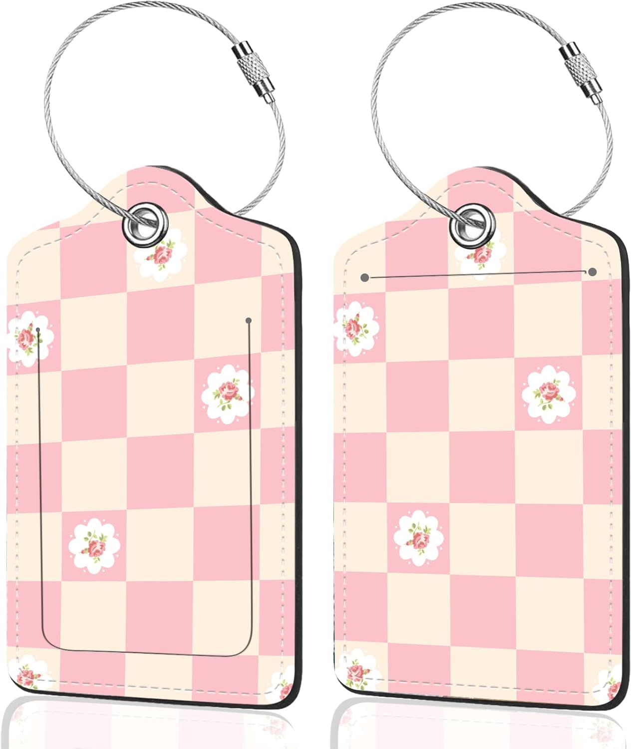 2Pack Luggage Tags for Suitcases, Cute Unique Pu Leather Cruise Luggage Tag with Privacy Cover ID Label Address Card and Metal Ring Suitable for Women Men Kids Travel Bag Pink Plaid