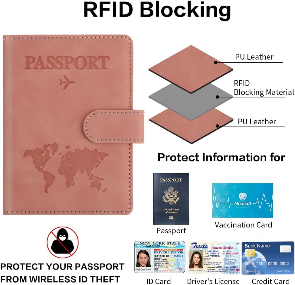 Passport Holder for Travel, Passport Cover Wallet, Premium PU Leather Passport Book Card Holder Case for Women Men, Waterproof RFID Blocking Flying Travelling Essentials Vacation Must Haves, Pink