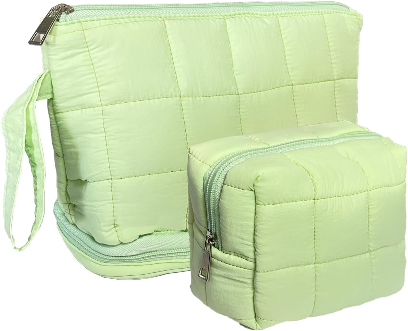 Green Puffy Puffer Makeup Bag for Purse Small Makeup Pouch Quilted Cosmetic Bag Cute Cotton Toiletry Pouch Bag for Women