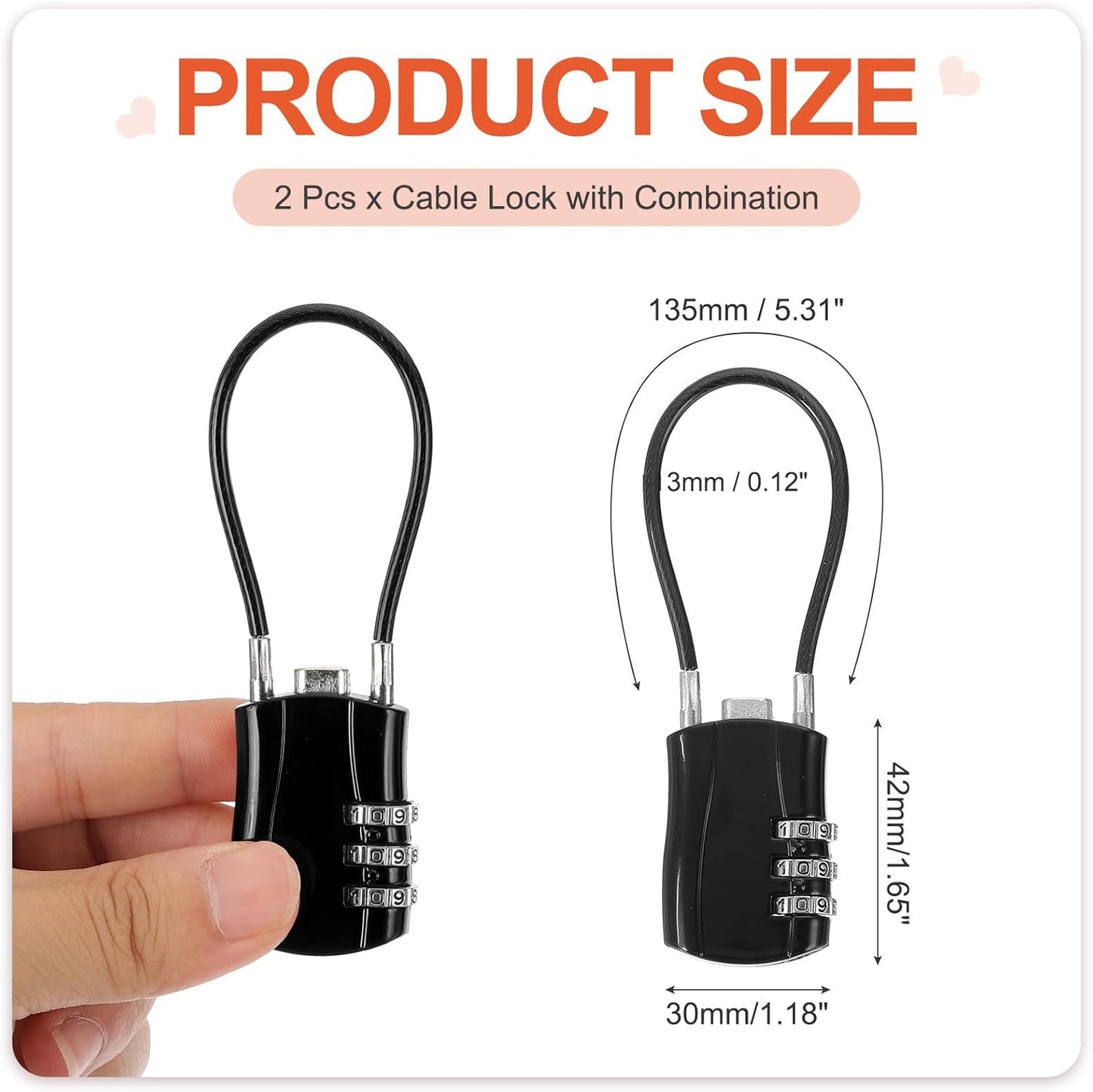 MECCANIXITY 2 Pcs Luggage Travel Lock, 3 Digit Cable Combination Lock 1-3/16" Width Body with 5" Long Cable for Suitcase Bag Cabinets Small Fences Gym, Black