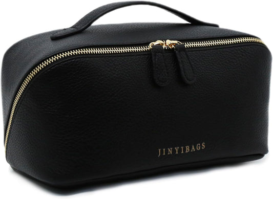 Travel Makeup Bag – Large Cosmetic Organizer with Waterproof PU Leather, Smooth Double Zipper & Tear-Resistant Lining, Toiletry Pouch for Women (Black)
