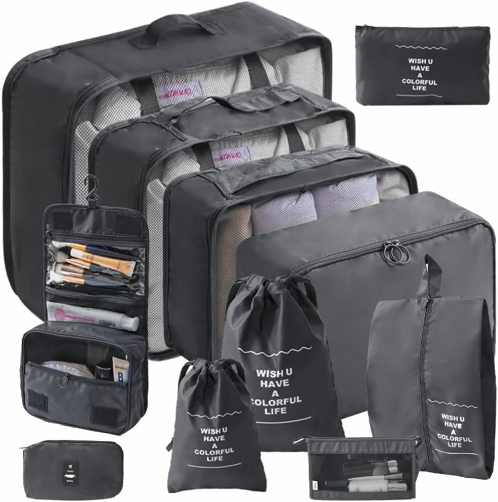 Packing Cubes Storage Bags 11 Pieces-Luggage Organizers Classify Store Clothing Efficiently for Travel Outdoor Home (Black, 11 Pieces)