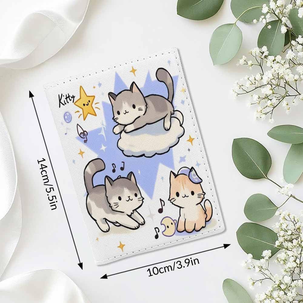 Kitten Passport Holder for Travel Music Cat Star PU Leather Passport Cover Wallet Cute Passport