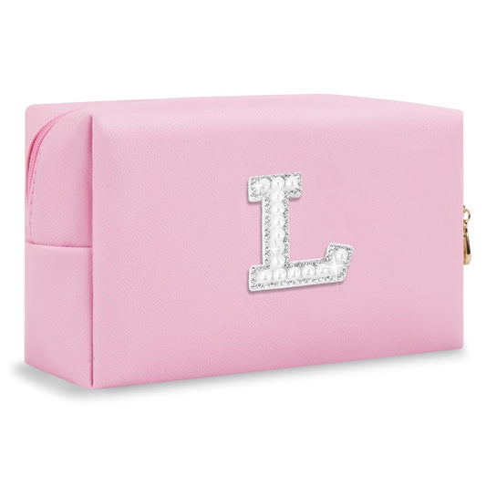 ChaoGreat Bride Gifts – Personalized Initial Makeup Bag with Pearl Rhinestone Patch, Preppy Pink Monogram Cosmetic/Toiletry Pouch, bridesmaid Gifts, Bridal Shower Gifts, Wedding Gifts, Bridal Gifts,L