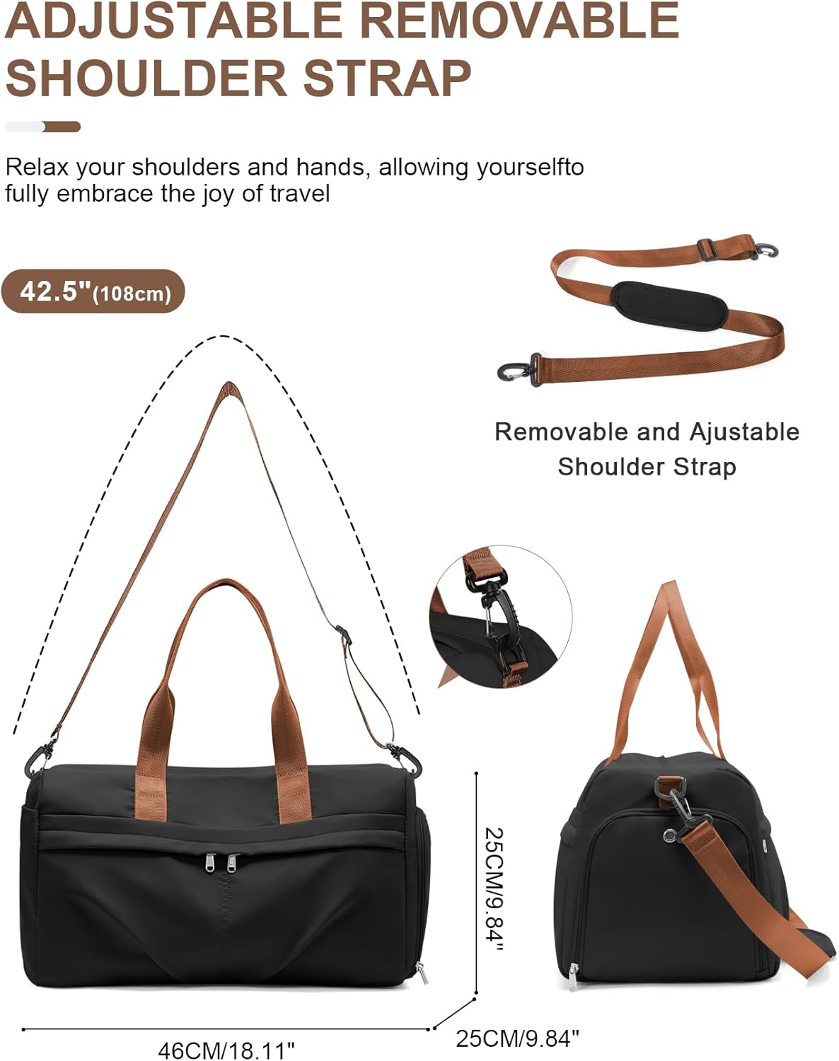 Gym Bag for Women Men with Shoe Compartment, Sport Duffel Bag, Waterproof Travel Weekender Overnight Carry on Bag for Yoga with Trolley Sleeve, Black Brown