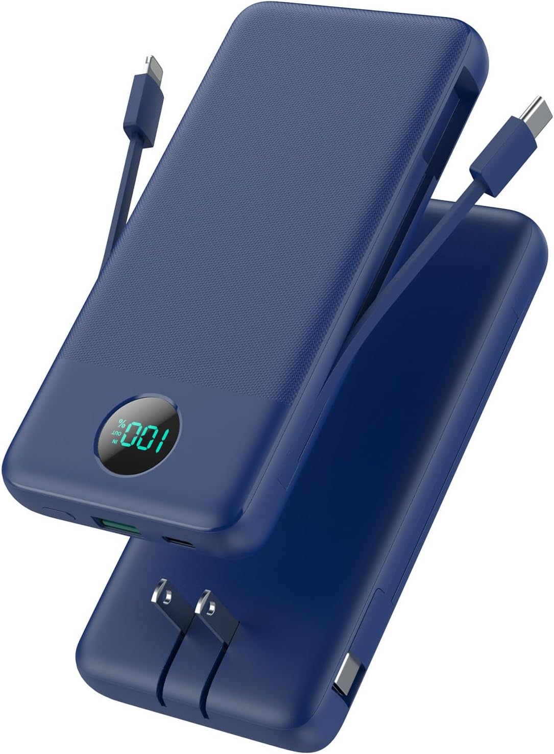 Portable Charger 13800mAh Slim USB C Power Bank with Built in Cables and Wall Plug,LCD Display Lightweight Travel Battery Pack,PD Fast Charging Compatible with iPhone 17,16,Samsung Android-Navy