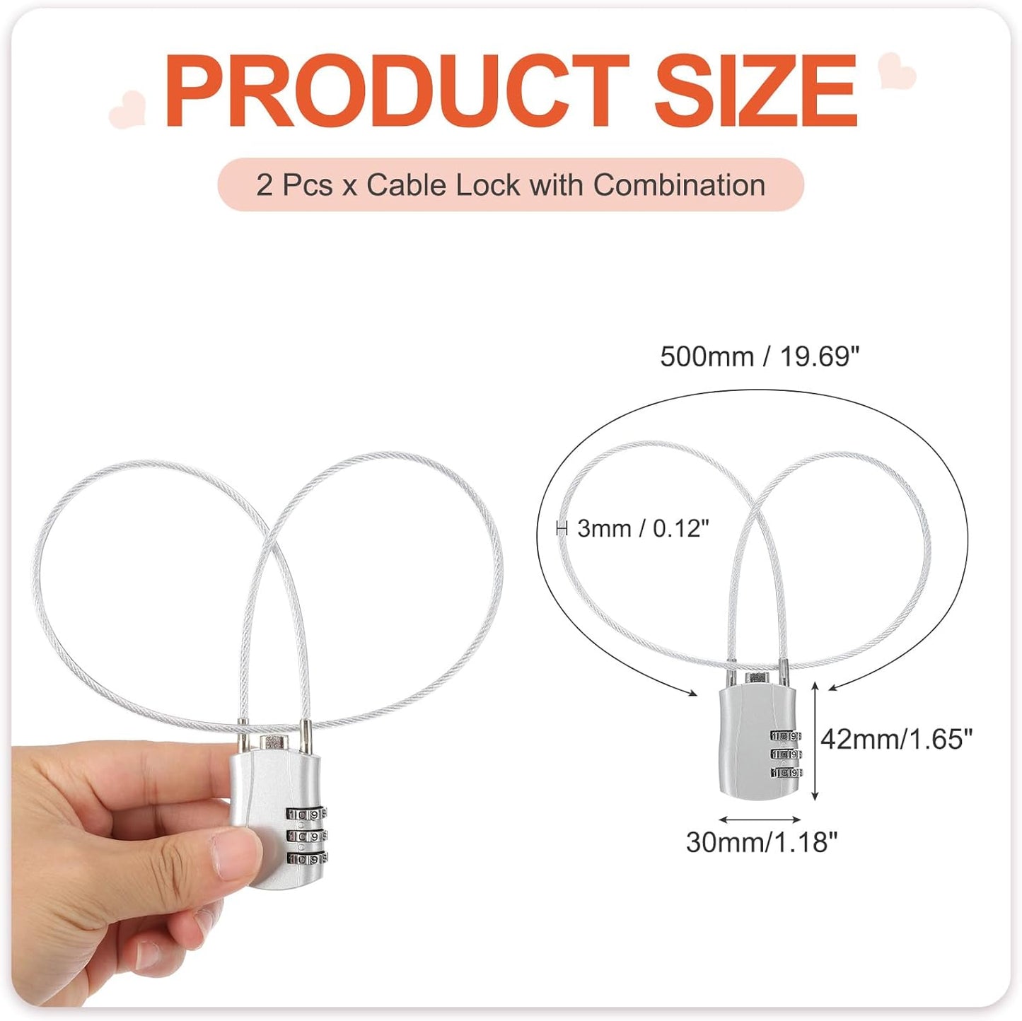 MECCANIXITY 2 Pcs Luggage Travel Lock, 3 Digit Cable Combination Lock 1-3/16" Width Body with 20" Long Cable for Suitcase Bag Cabinets Small Fences Gym, Silver