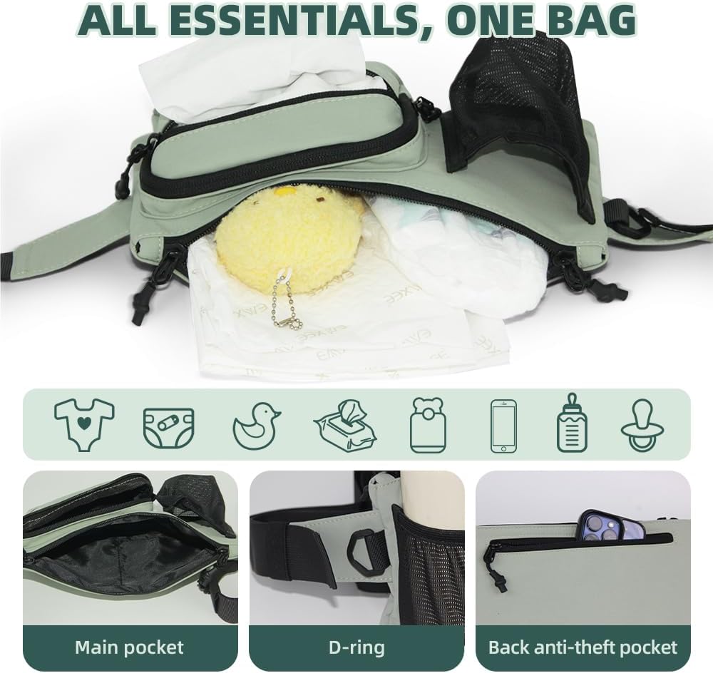 small fanny pack diaper bag,for women,with water bottle holder and tissue pocket,lightweight adjustable transverse nylon waist bag,for travel,picnic,daily use,khaki