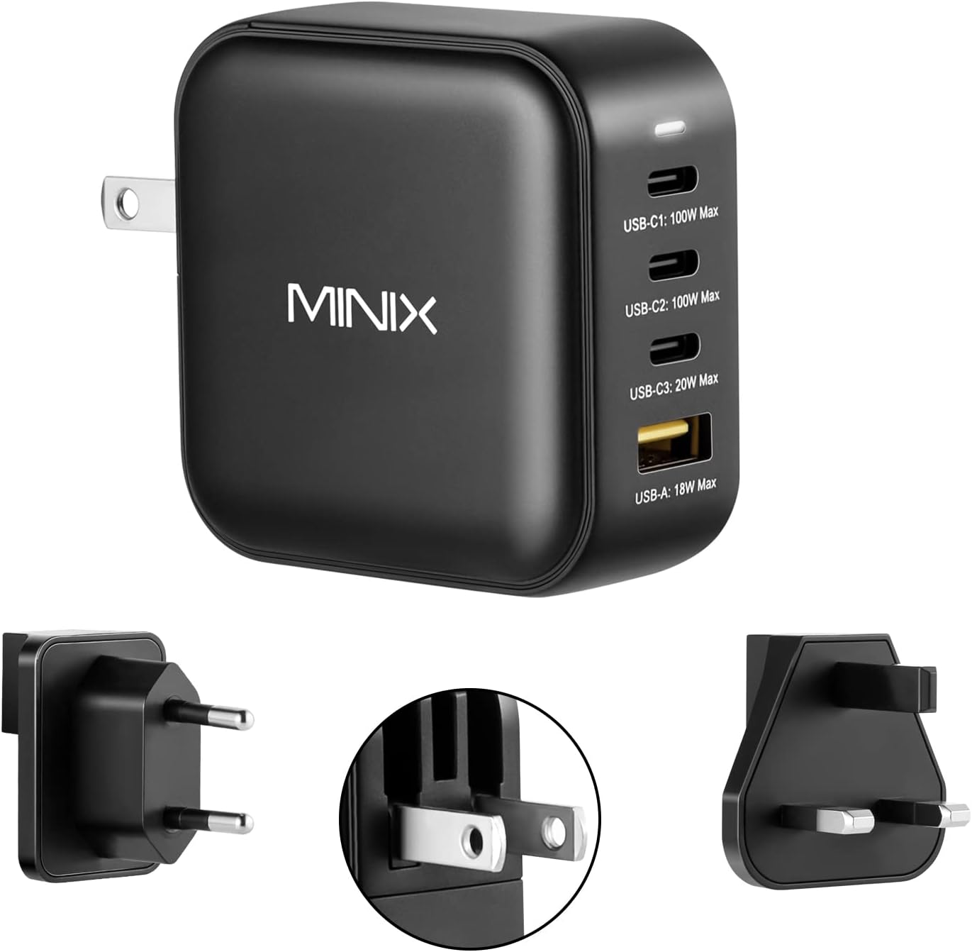 MINIX NEO P3 100W Turbo 4-Ports GaN Wall Charger, 3 x USB-C Port Fast Charging Adapter(Max 100W/20W), 1 USB-A (Max 18W). Compatible with MacBook Pro Air, iPad Pro, iPhone 17/16 Pro Max,Galaxy S23