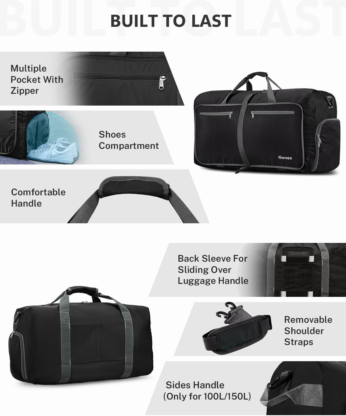 Gonex 40L 60L 80L 100L 150L Large Foldable Travel Duffle Bag with Shoes Compartment, Packable