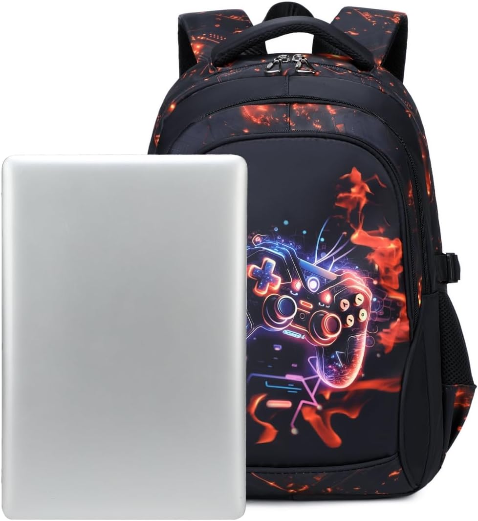 Boys Backpack for Elementary Kids Bookbag Middle School Bags Heavy Duty Soccer Laptop Durable Waterproof 18 In (3-Black Red Game)
