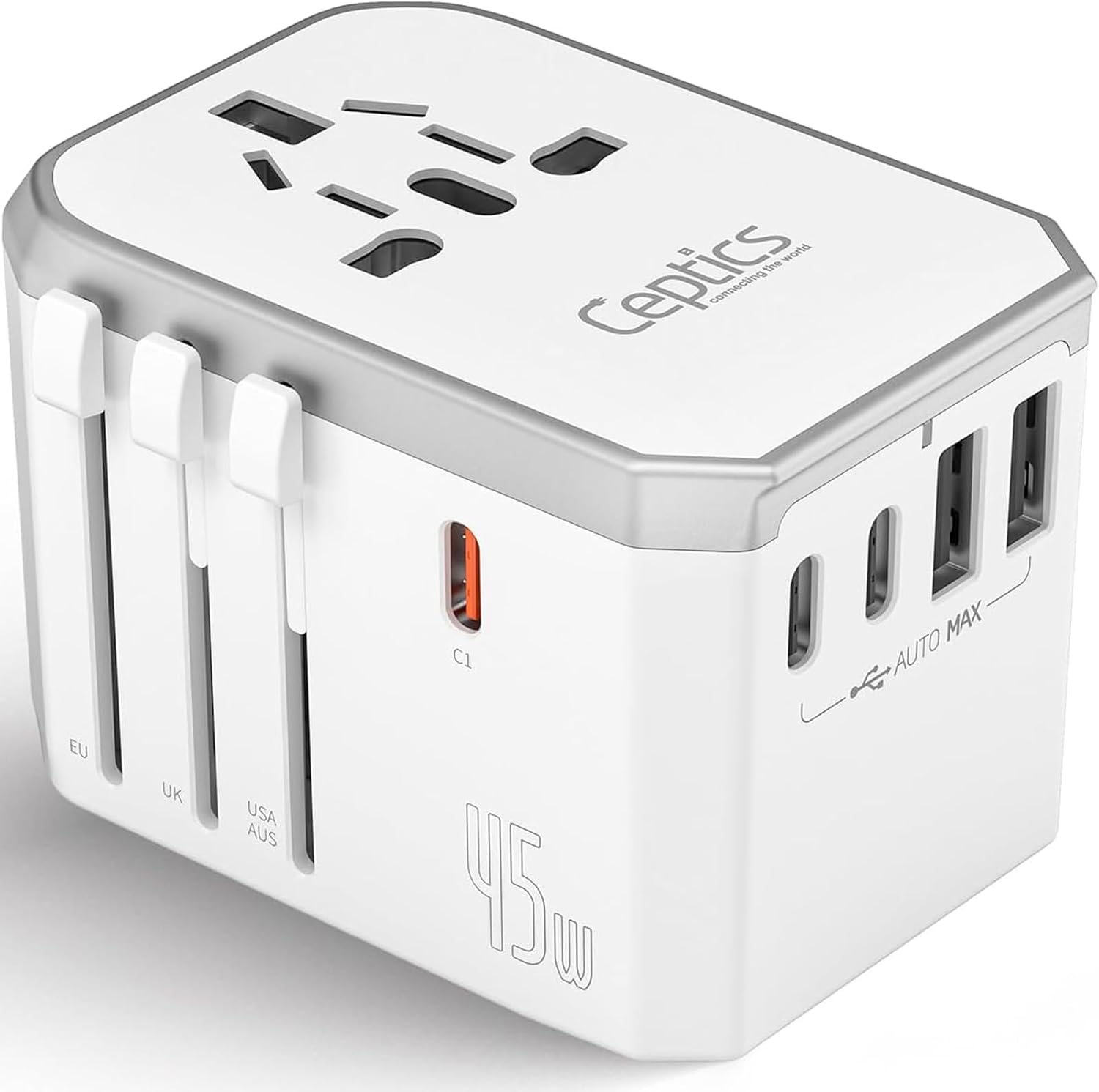 Ceptics 6-in-1 Universal Travel Adapter with 2X USB-A and 3X USB-C, 45W for Global Use, Compatible