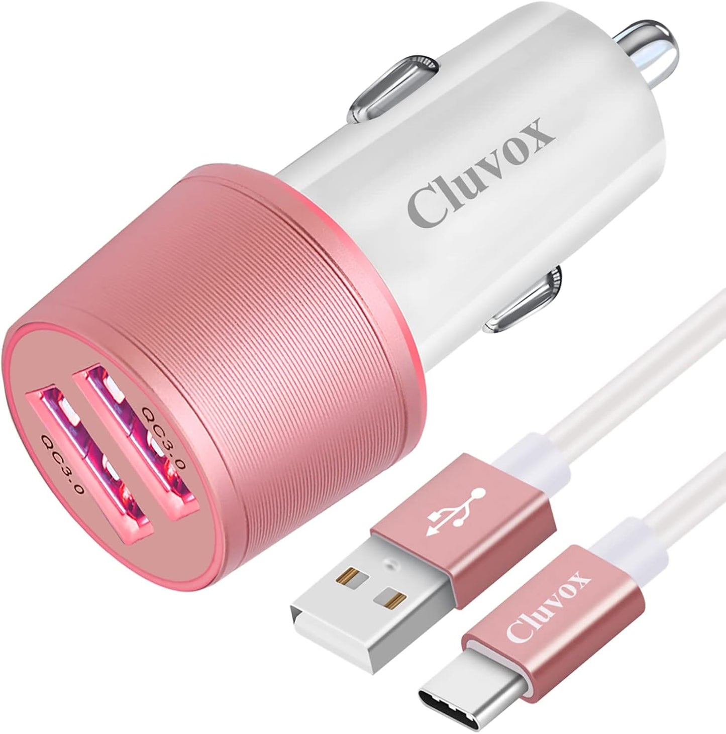 Fast USB C Car Charger, Compatible for Samsung Galaxy S22/S21/S20 Plus/Ultra/S20 FE/S10+/S10e/S9/S8/Note 10/9/8/A20/A50/A70 Quick Charge 3.0 Dual USB Rapid Car Charger with Type C Cord 3.3ft-Rose Gold