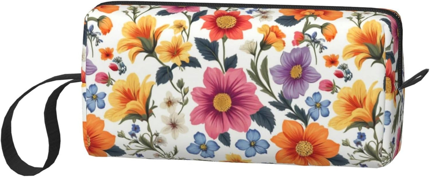 Vibrant Wildflower Makeup Bag Small Compact & Durable Travel Cosmetic Bag Organizer Oxford Fabric Impact-Resistant Multi-Purpose Storage Perfect for Travel, Gym, Daily Use