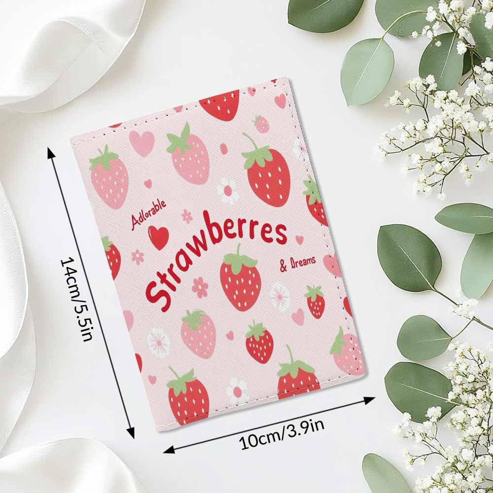 Strawberry Passport Holder for Travel Pink Strawberry Flower Love Heart PU Leather Passport Cover Wallet Cute Passport Card Holder for Women and Men