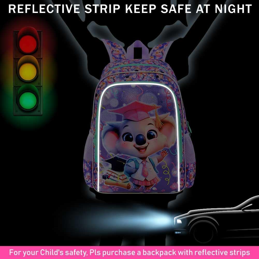 3PCS Koala Bookbag for Girls, 16" Kids Backpack with Lunch Box, Water Resistant Elementary Prechool Toddler Shool Bag - Purple Dr. Koala