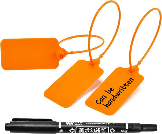 50pcs Luggage Tags Plastic Seals Shipping Label Logistics Use Sign Tie, Sealing Storage Multi Purpose Name ID Tag with Marker for Backpack, Schoolbag, Car Key (Orange)