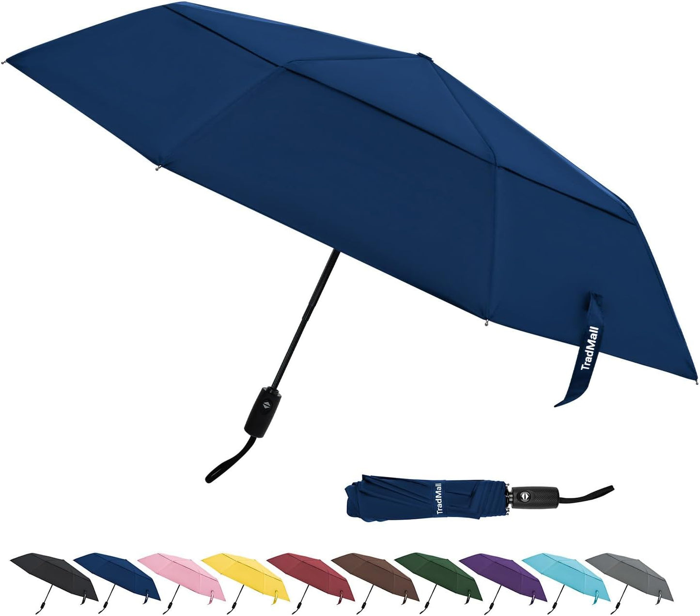 TradMall Travel Umbrella, 42/45 Inches Double Vented Canopy Windproof Automatic Strong Compact Folding Umbrellas for Rain Women and Men