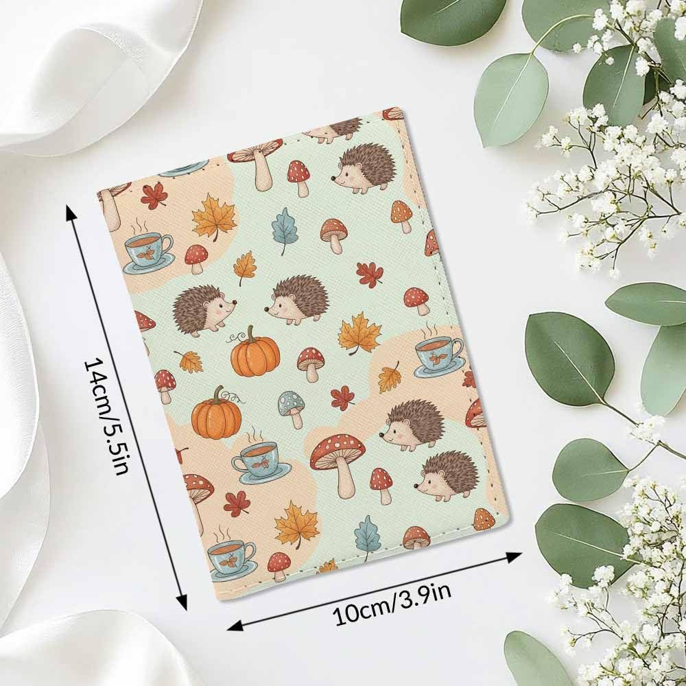 Hedgehogs Passport Holder for Travel Pumpkins Mushroom Maple Leaf Coffee PU Leather Passport Cover Wallet Cute Passport Card Holder for Women and Men
