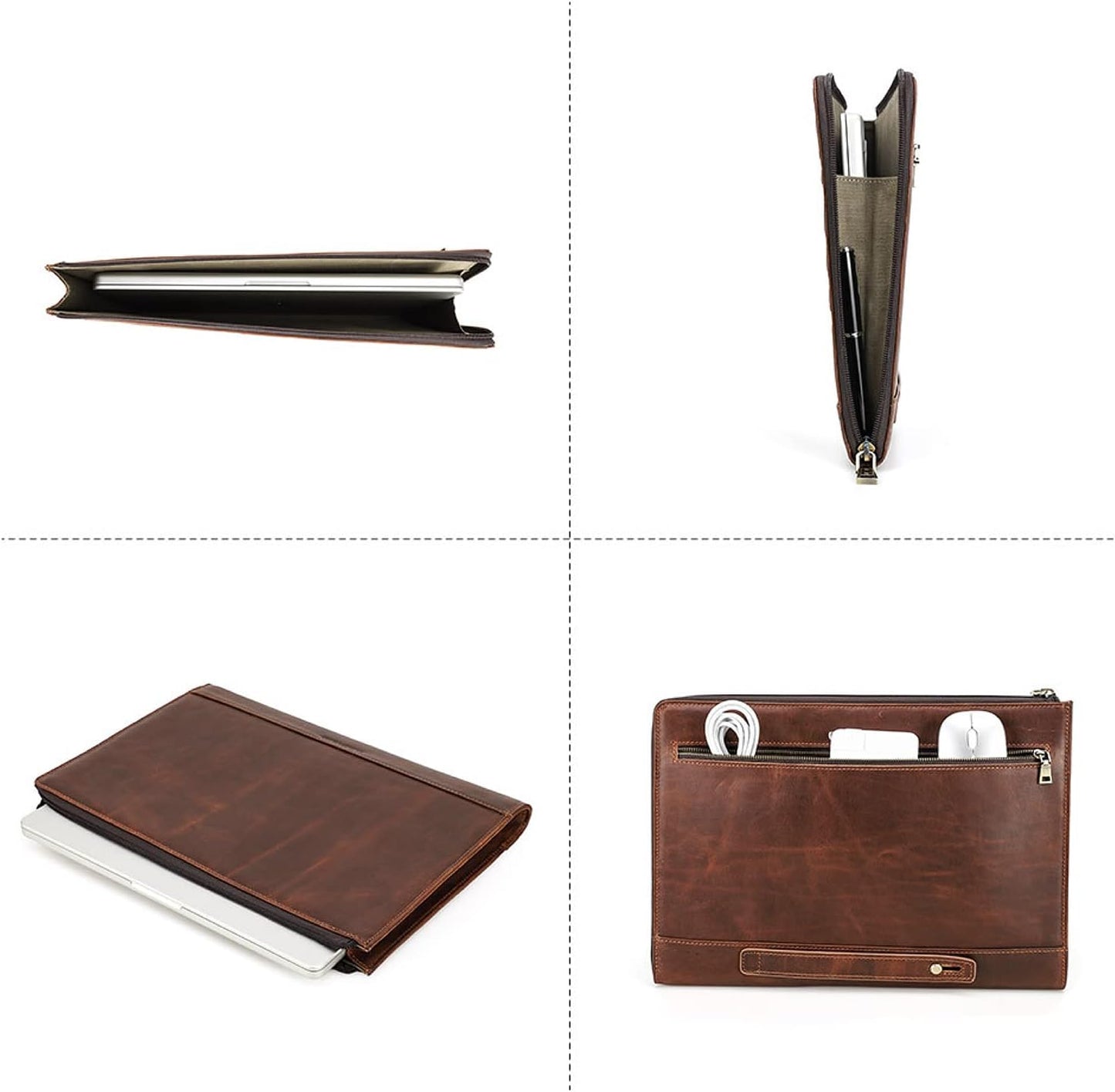 Top Grain Leather 14.2" Slim Laptop Handheld Zipper Bag, Vintage Design & 2 Pockets, Handmade