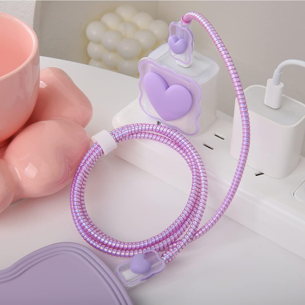 Compatible with iPhone 18W/20W USB-C Charger Cover Lovely 3D Love Heart Waves Clear Soft Charger Protector Cute Cable Saver for iPhone 11 12 13 14 Pro Max Fast Power Adapter, Purple 1 (5in1)