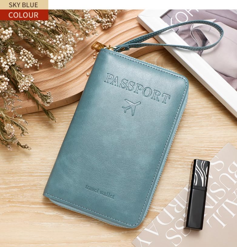 RFID Passport Wallet for Women & Men, Leather Zipper Travel Organizer with Waterproof Design (Blue)