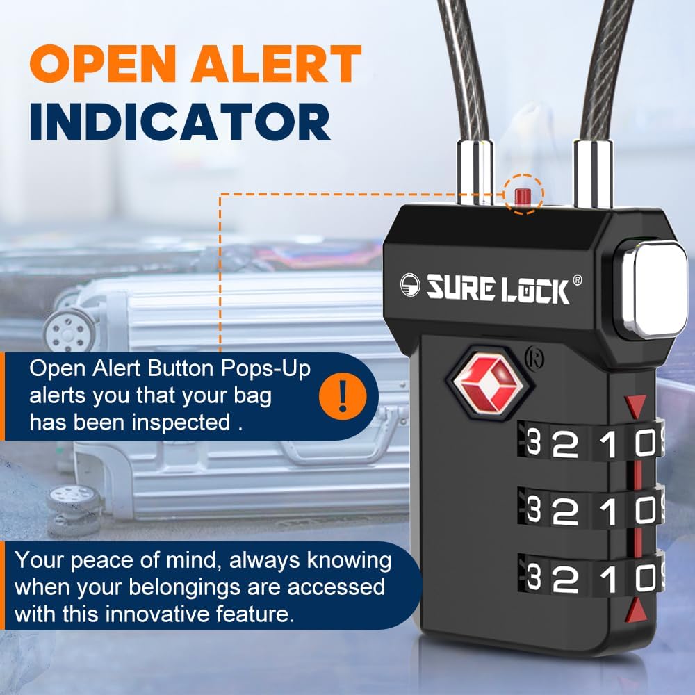 SURE LOCK TSA Approved 3-Digit Combination Luggage Locks – Open Alert Indicator, Re-settable Code