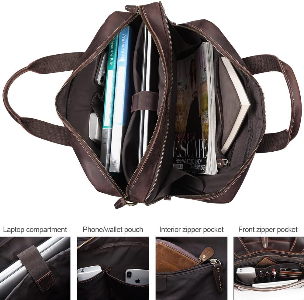 TIDING Genuine Leather Briefcase 17 Inch Laptop Messenger Bags for Men Business Travel Case Shoulder Bag