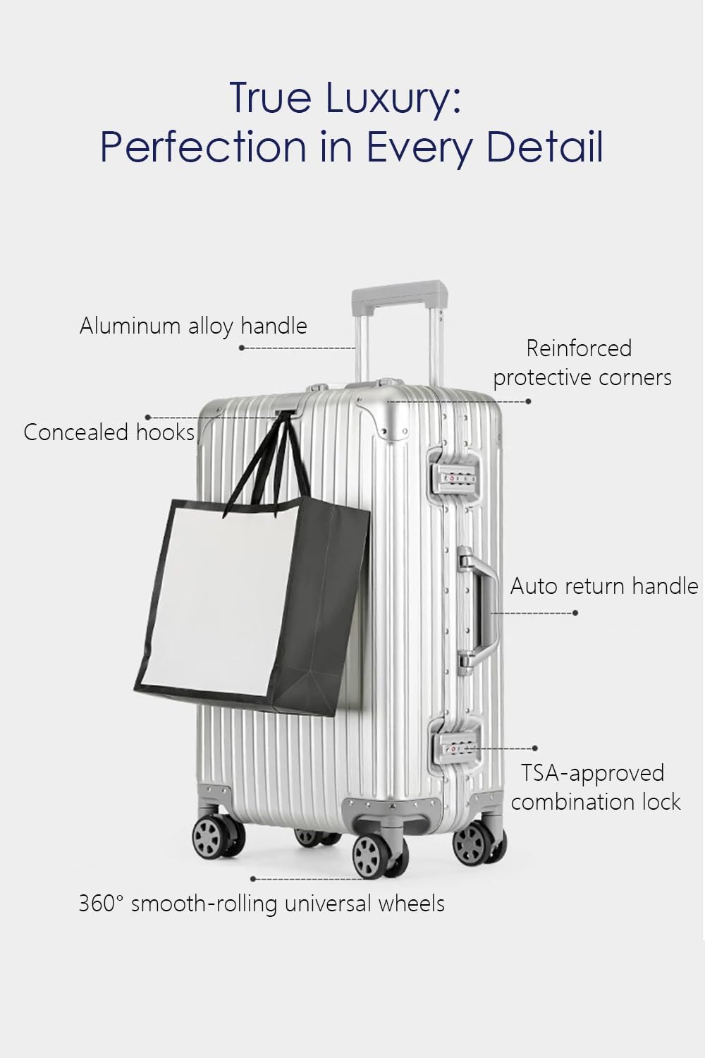 28 Inch All Aluminum Checked in Luggage with Wheels, Hard Shell Zipperless Suitcase with TSA Locks