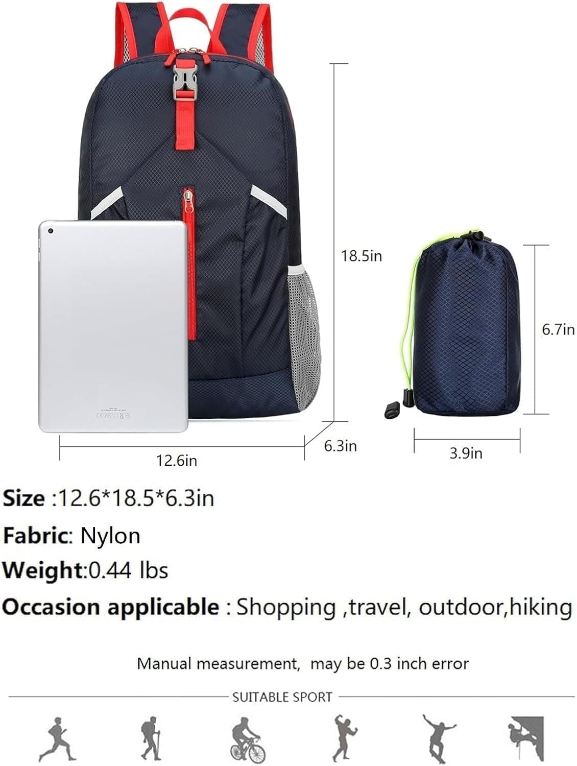 25L Foldable Hiking Backpack Lightweight Packable Basic-Daypack Collapsible Bag Water-Resistant Travel Men Women Camping Cycling Outdoor (Dark Blue)