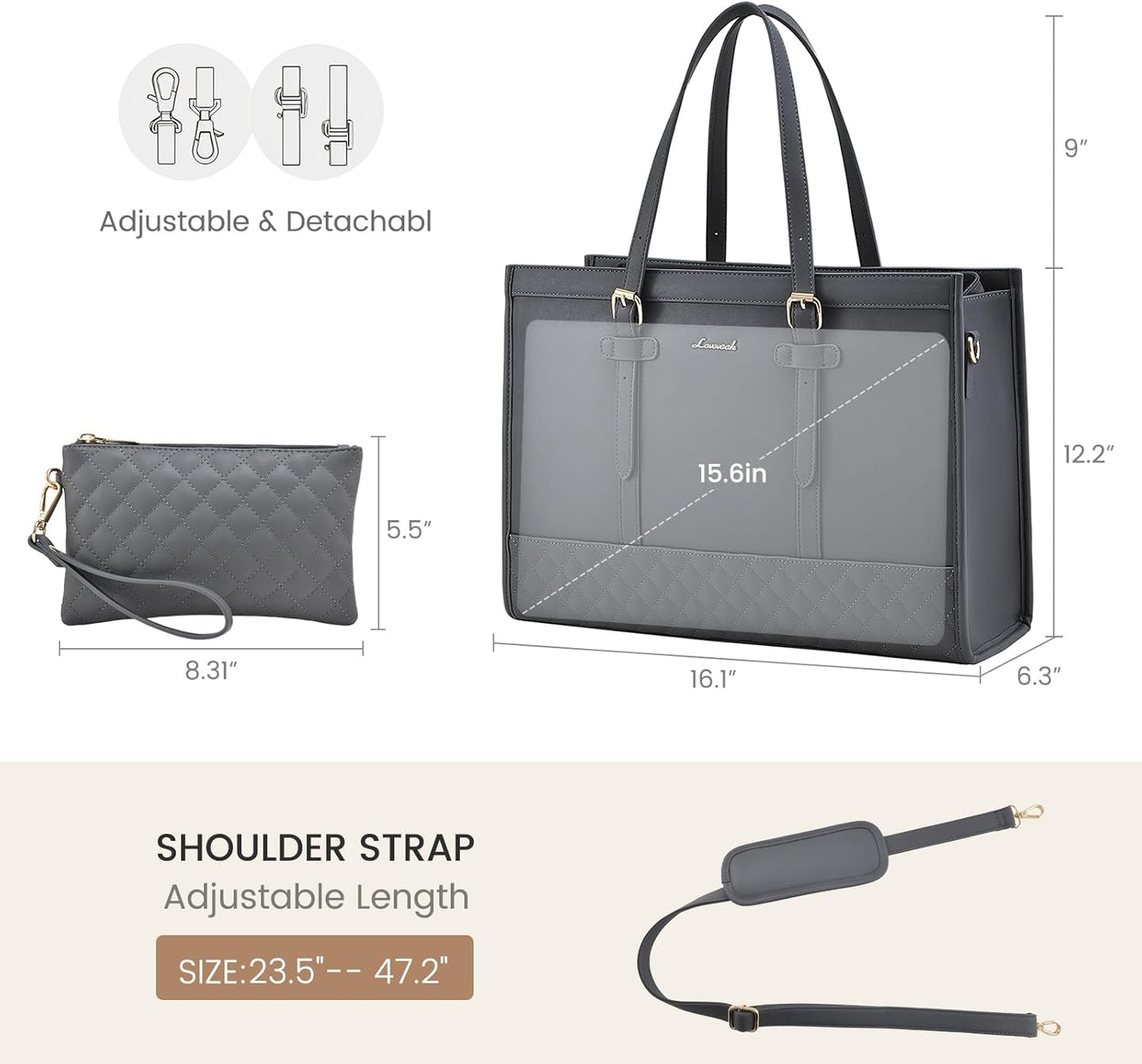 LOVEVOOK Laptop Bag for Women,15.6 inch Laptop Tote Bag Waterproof PU Leather Computer Bag Work Bags for Business Office, Large Capacity Laptop Purse Professional Work Tote Black