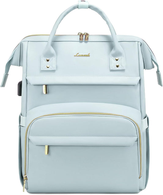 LOVEVOOK Leather Laptop Backpack for Women 15.6 inch,Travel Backpack Purse Nurse Teacher Backpack Computer Laptop Bag,Professional College Business Work Bags Carry On Backpacks with USB Port,Pink Blue