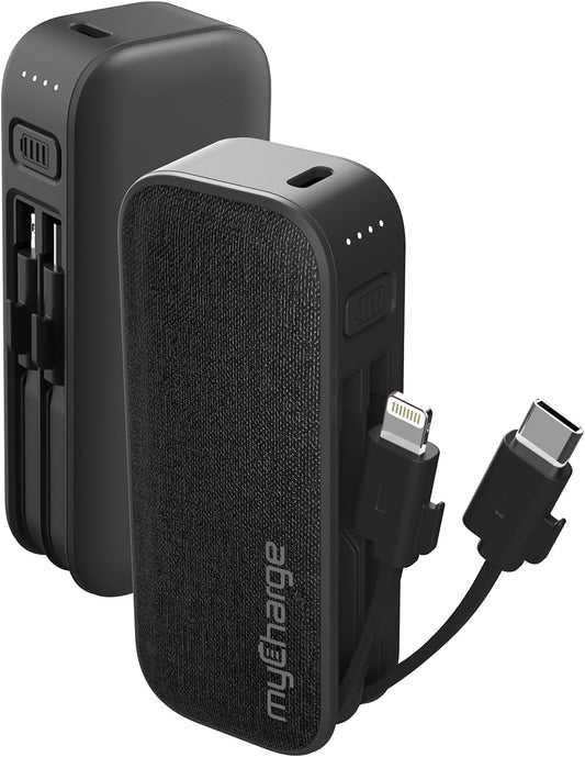 myCharge PowerHub Mini Portable Charger for iPhone - 3000mAh & Built in Cables (Lightning, Type C) 12W Turbo USB C Power Bank Fast Charging Battery Pack (Black)