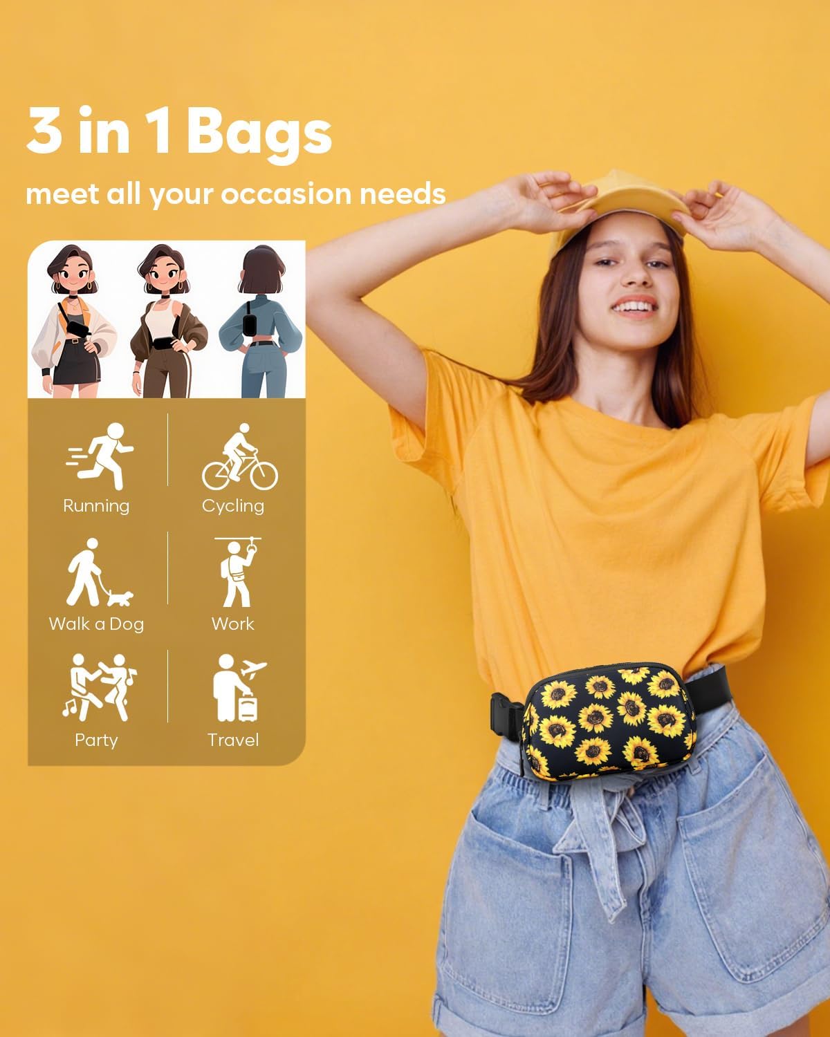 Fanny Packs for Women Cross Body Bag Waterproof Belt Bag with Adjustable Strap and Zipper Back Pocket Small Crossbody Bags Fashion Waist Packs for Workout Travelling(Sunflower)