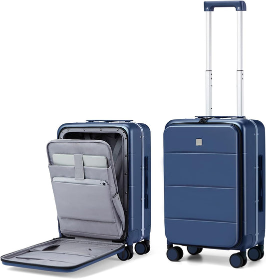 MILADA Carry On Luggage 22x14x9 Airline Approved Spinner Wheels TSA Luggage 20 Inch Hard Shell Suitcases Front Opening Pocket Rolling Aluminum Frame Travel Luggage,Dark Blue