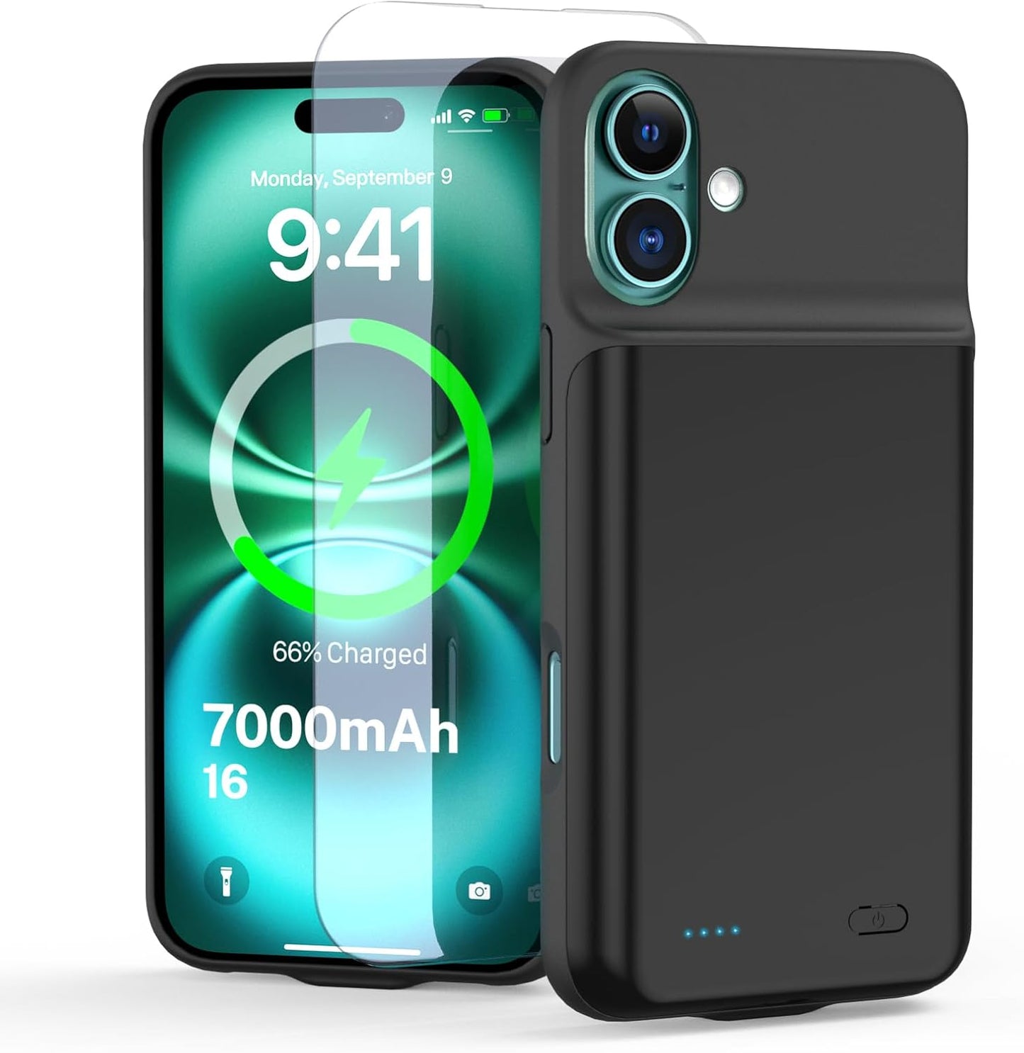 Battery Case for iPhone 16 (6.1 inch) Charging Case Ultra-Slim 7000mAh Rechargeable Portable Extended Charger Case Cover w/Tempered-Glass Protector-Black