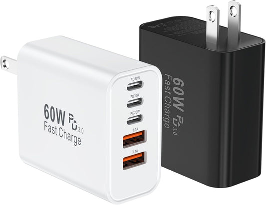 USB C Charger Block, 2Pack 60W 5 Ports Type C Fast Phone Charging Cubes PD USBC Wall Plug+QC 3.0 USB A Charger Head Power Brick Box for iPhone 16/15/14/13/12/11 Pro Max, Pad, Samsung Galaxy, Pixel