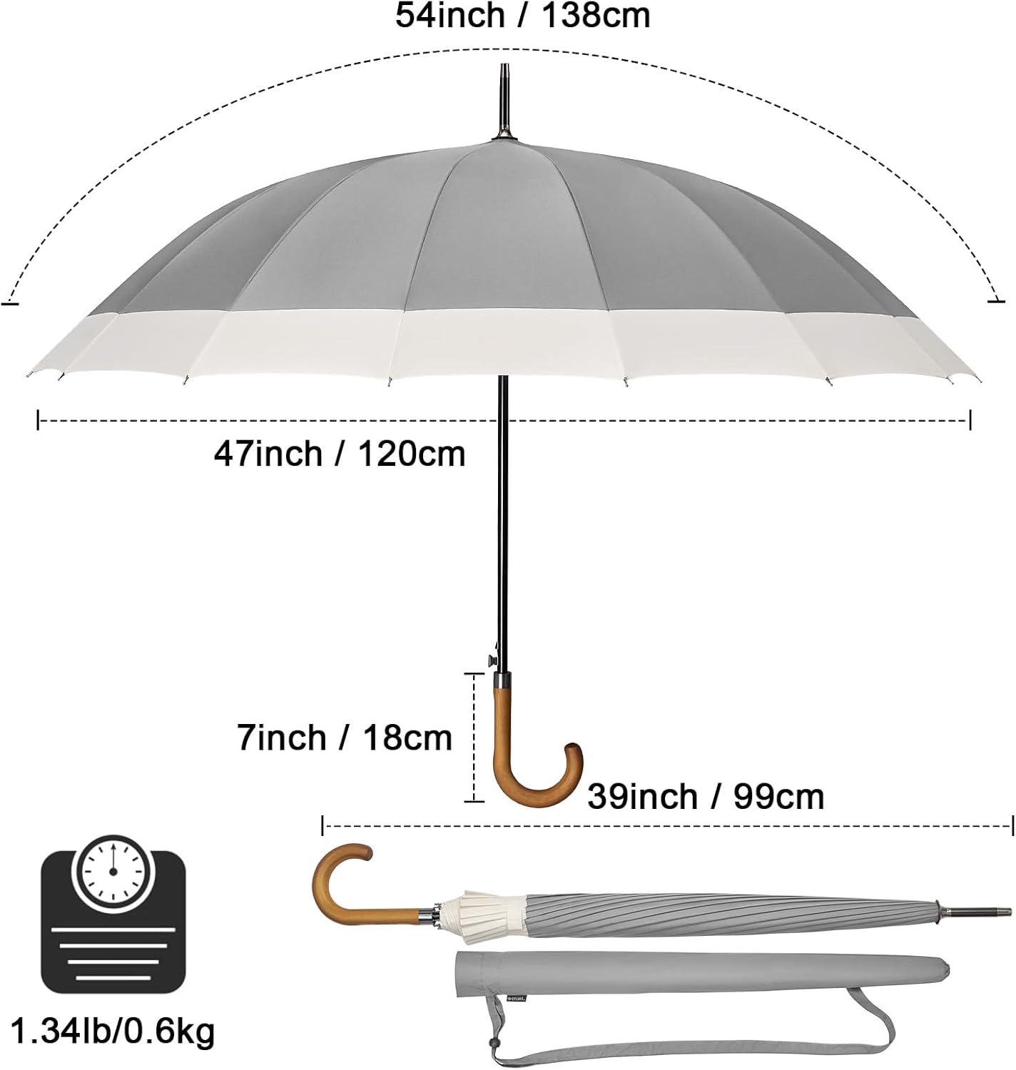 G4Free 54 Inch Large Windproof Umbrella for 2 Persons, 16 Ribs Auto Open Classic Wooden J Handle Cane Stick Golf Rain Umbrellas for Men Women Travel 120cm