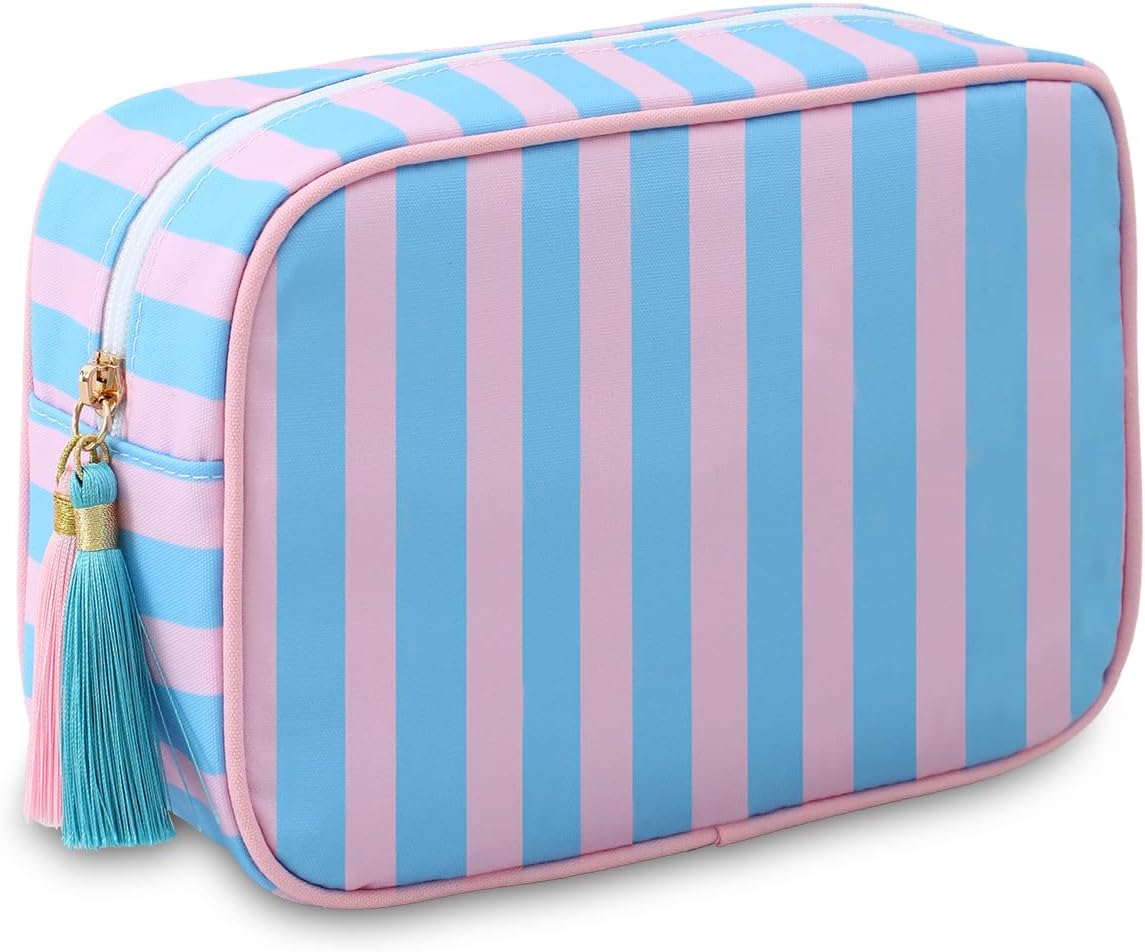Stripe Makeup Bag Travel Cosmetic Bag Organizer Tassel Toiletry Bag Large Canvas Zipper Pouch and Accessories Storage Bag for Women