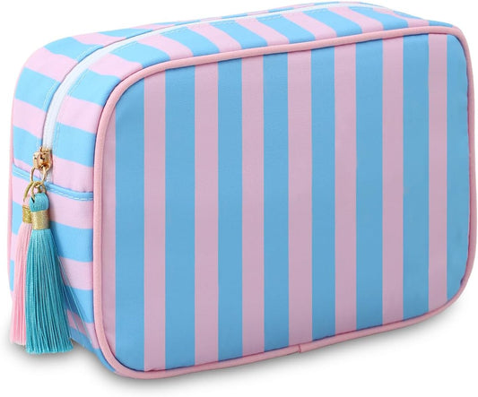 Stripe Makeup Bag Travel Cosmetic Bag Organizer Tassel Toiletry Bag Large Canvas Zipper Pouch and Accessories Storage Bag for Women