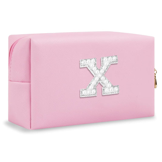 ChaoGreat Bride Gifts – Personalized Initial Makeup Bag with Pearl Rhinestone Patch, Preppy Pink Monogram Cosmetic/Toiletry Pouch, bridesmaid Gifts, Bridal Shower Gifts, Wedding Gifts, Bridal Gifts,X