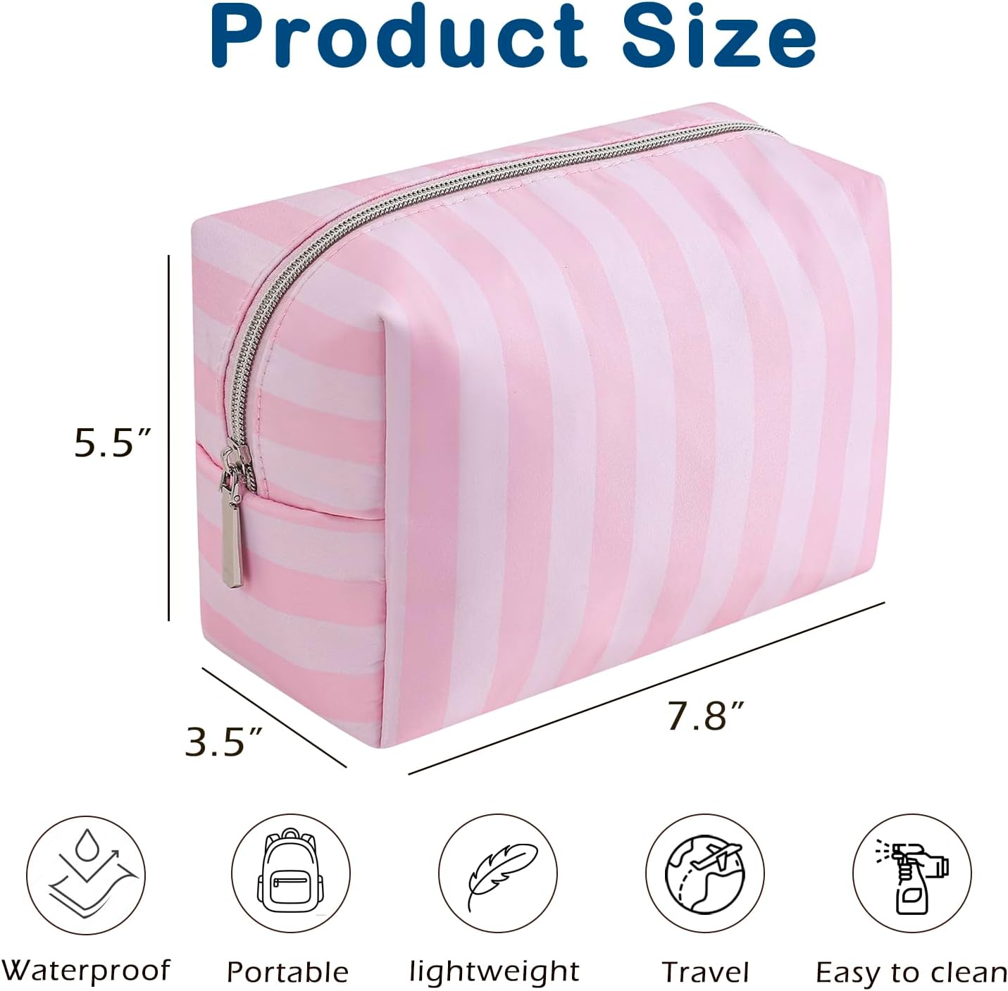 uekeboag Pink Stripe Nylon Travel Makeup Organizer Bag,Large Capacity Cosmetic Bags,Toiletries Accessories Coquette Bag for Women Girls(01Simple)