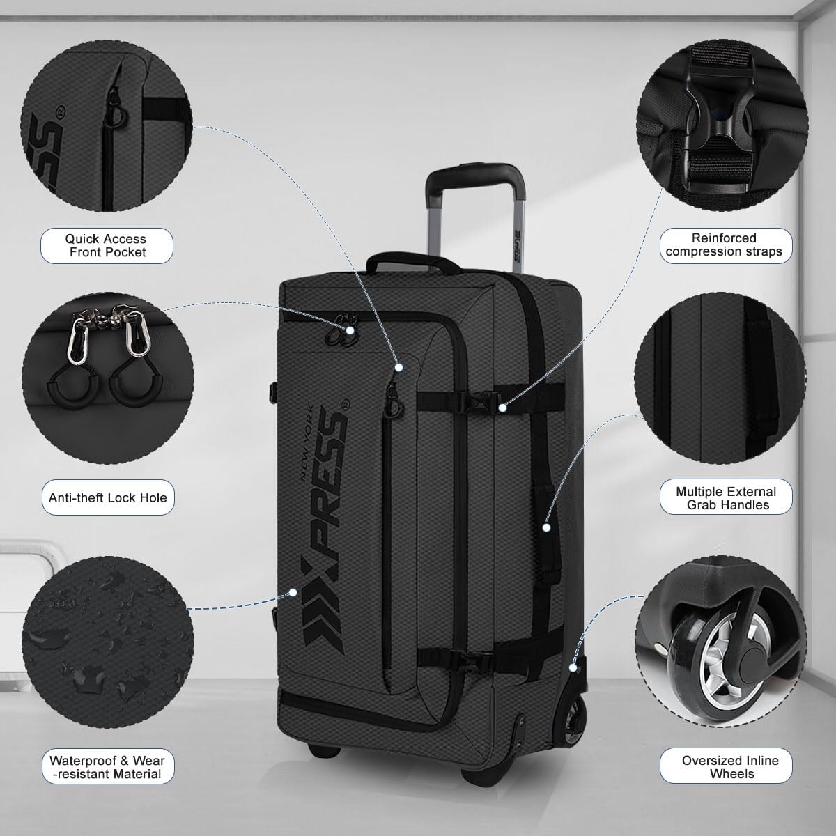26'' Rolling Duffle Bag with Wheels,Rolling Duffle Bag w/Handle,Carry on Luggage Travel Duffle Bags for Man Women（26,Black）
