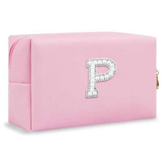 ChaoGreat Bride Gifts – Personalized Initial Makeup Bag with Pearl Rhinestone Patch, Preppy Pink Monogram Cosmetic/Toiletry Pouch, bridesmaid Gifts, Bridal Shower Gifts, Wedding Gifts, Bridal Gifts,P