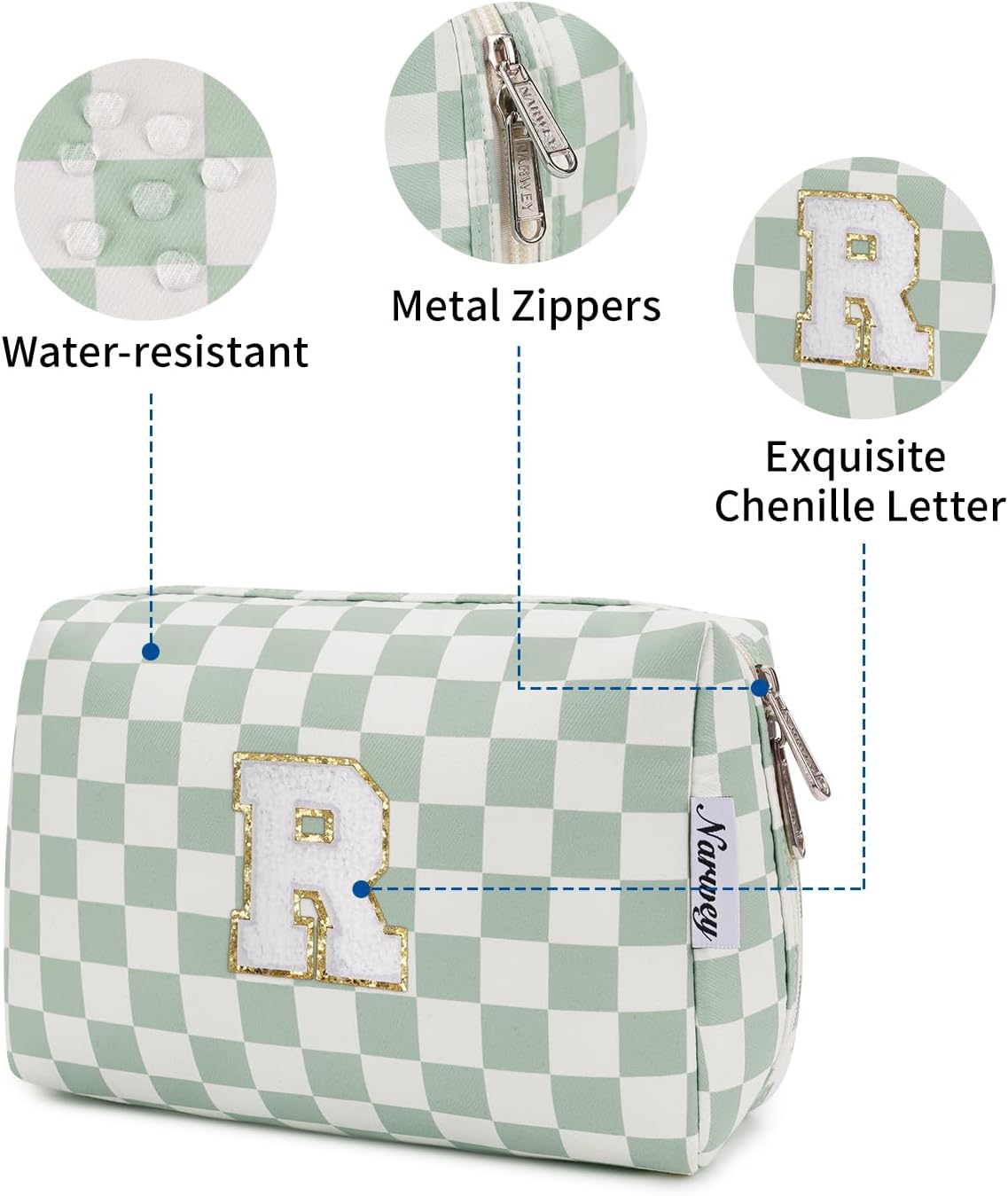 Narwey Birthday Gifts for Teen Girls Women Personalized Initial Checkered Makeup Bag Preppy Cosmetic Bag Trendy Stuff 6 8 10 11 12 13 14 16 18 Years Old Travel Toiletry Bag (Green Letter R)
