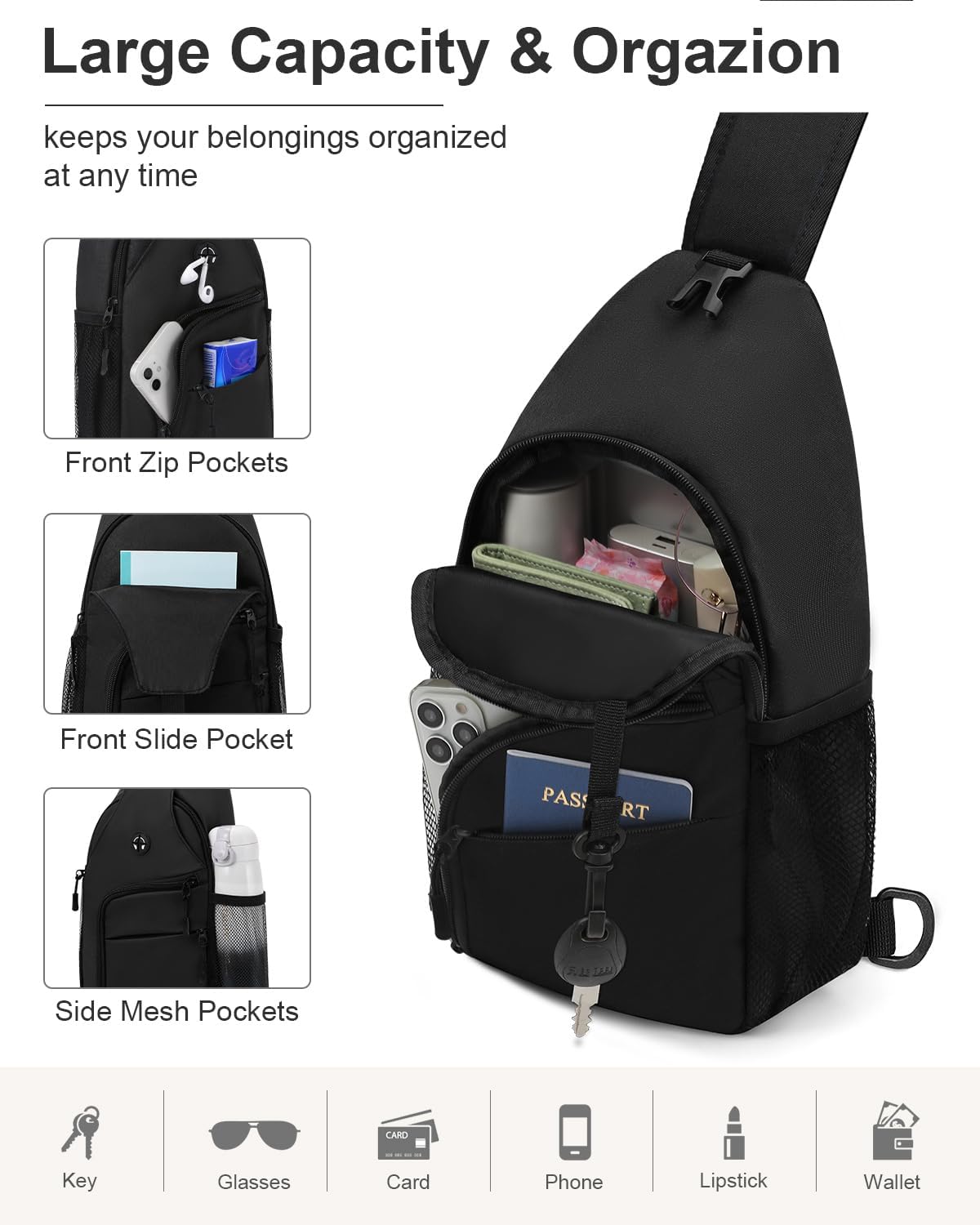 Crossbody Bags for Women Man, Waterproof Sling Bag Backpack Trendy Casual Cross Body Bags with Convertible Shoulder Strap Chest Bag for Camping Hiking Travel Essentials (Black, Medium)