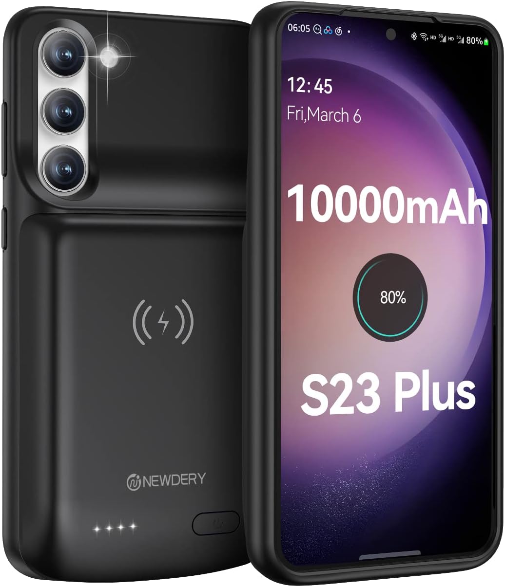 NEWDERY Battery Case for Galaxy S23 Plus 10000mAh, Qi Wireless Charging, Fast Charging, Sync Data Supported, Powerful Portable Rechargeable Charger Case for Samsung S23+ 5G 6.6"(2023 Release) Black